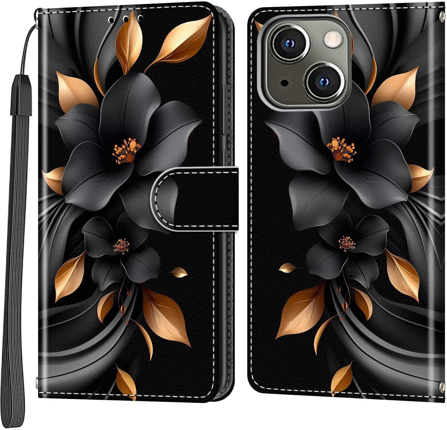 Wallet for iPhone 14/13 Case, Black Flower | Kickstand, 3 Card Holder, Shockproof TPU Interior Shell, PU Leather, Magnetic Flip Cover, Lanyard Strap