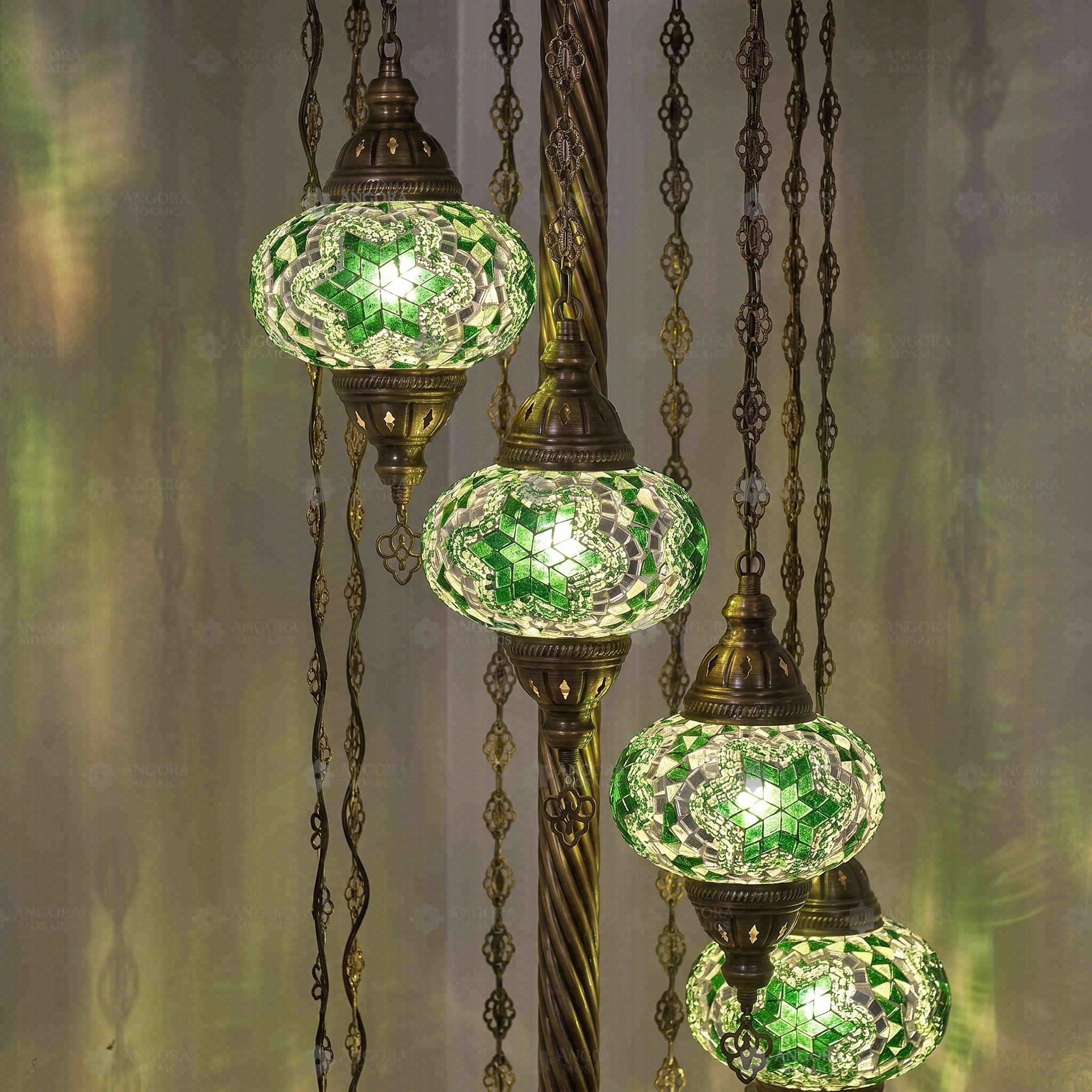 ENVA Lampada da terra verde a 9 globi - Lampada a mosaico turco - Motivo stella smeraldo - Lampada da terra bohémien marocchina, finitura in ottone anticato
