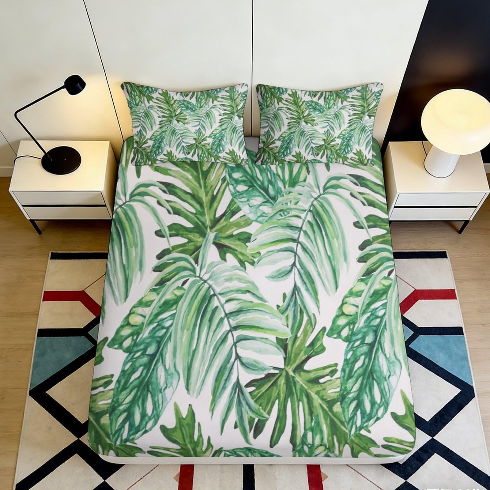 Uxinyoume Style-4 3D Printed Tropical Leaf Fitted Sheet Microfiber Soft Breathable Jungle Green Bed Cover For Bedroom Guest Room Decor 90X200x25cm