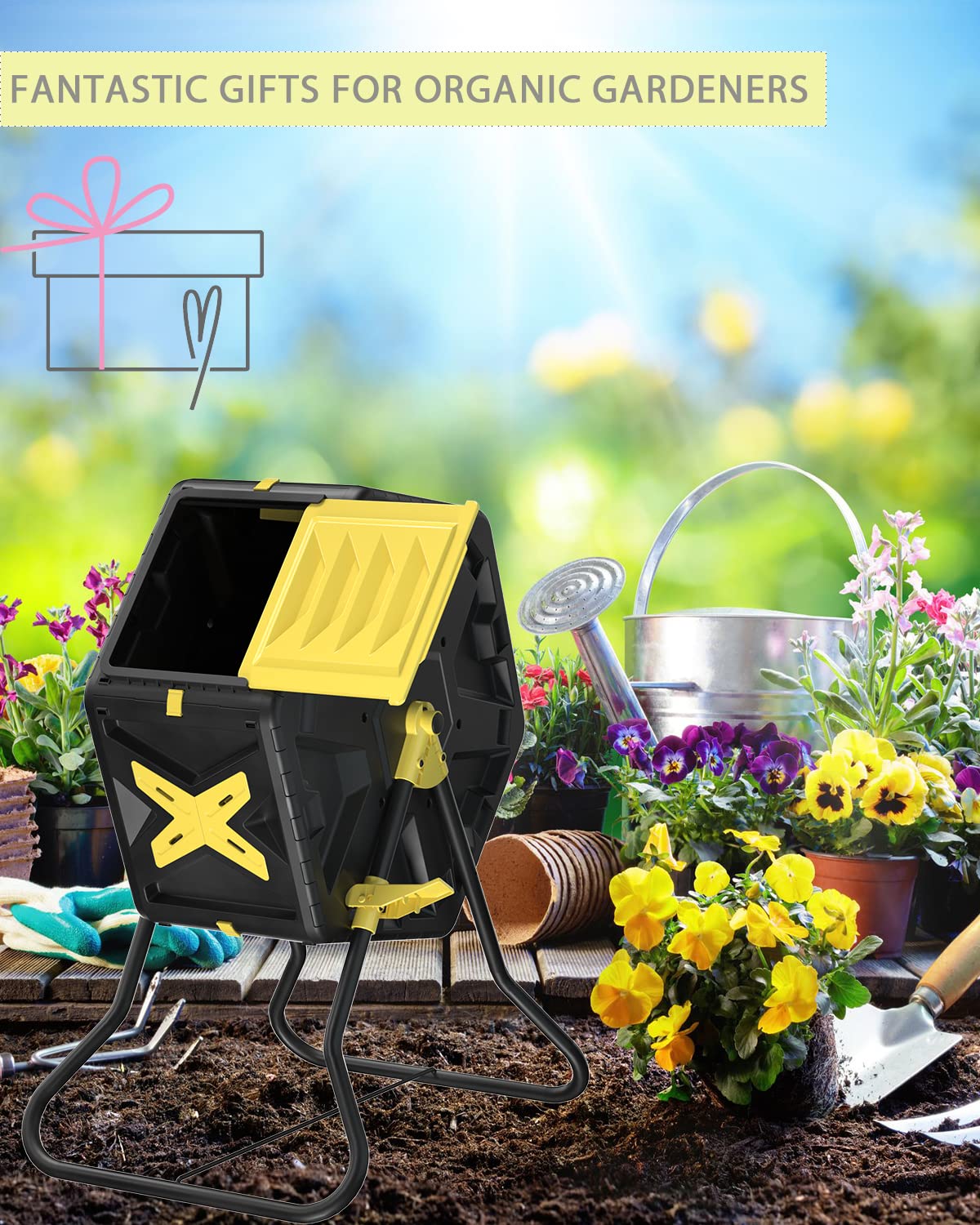 Pequeño contenedor de abono de Material Libre de BPA, compostadores de una Sola cámara de 18.5 galones para Voltear o Girar al Aire Libre, Gran Regalo de jardinería para Mujeres y Hombres para