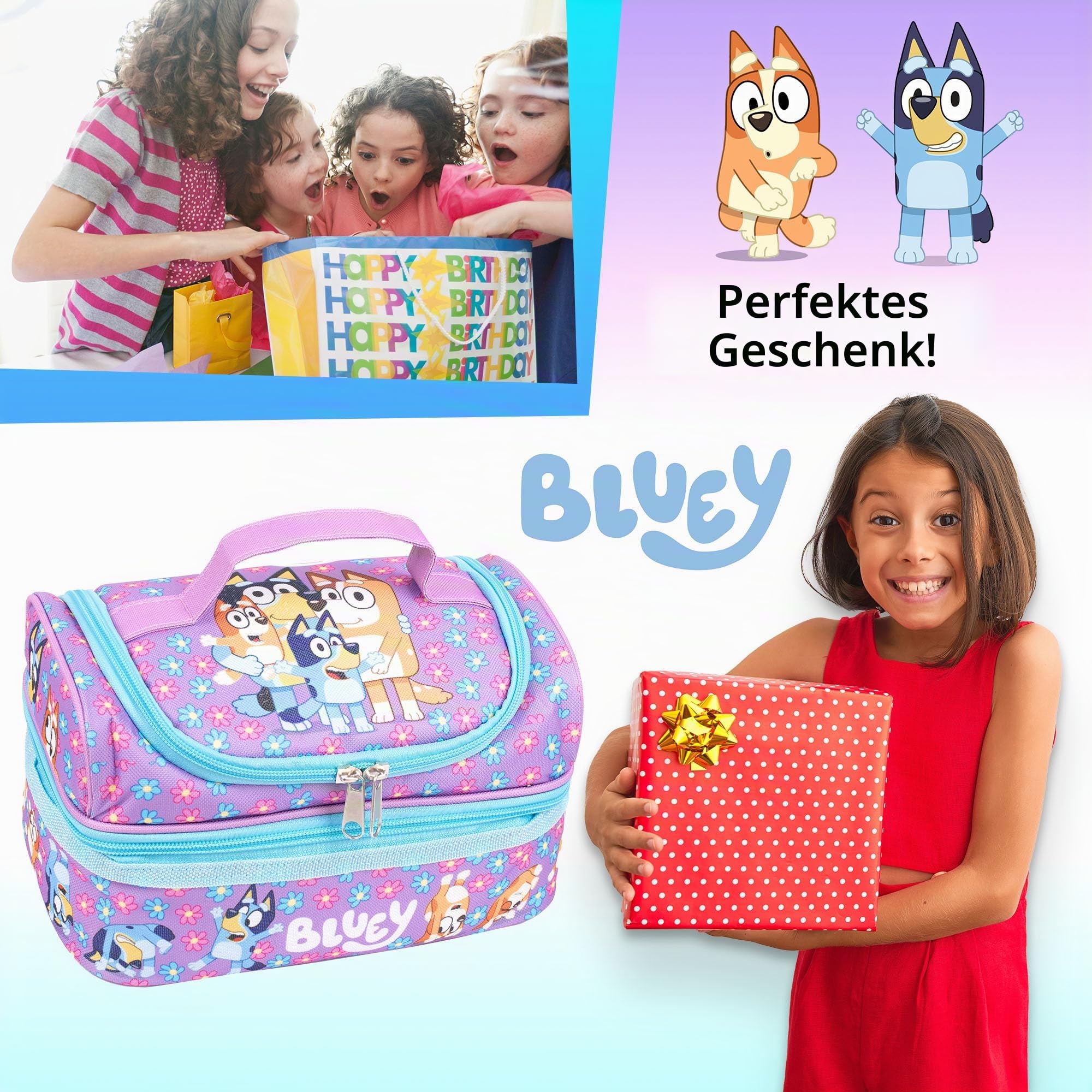 Bluey - Schul-Lunch-Tasche für Kinder – Snack-Tasche mit mehreren Fächern für Mädchen und Jungen – wärmeisoliert und großes Fassungsvermögen – Lila