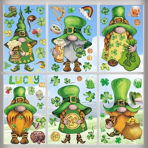 Decoraciones del día de San Patricio, calcomanías de decoración de gnomos del día de San Patricio, 122 piezas de decoración de ventana de primavera