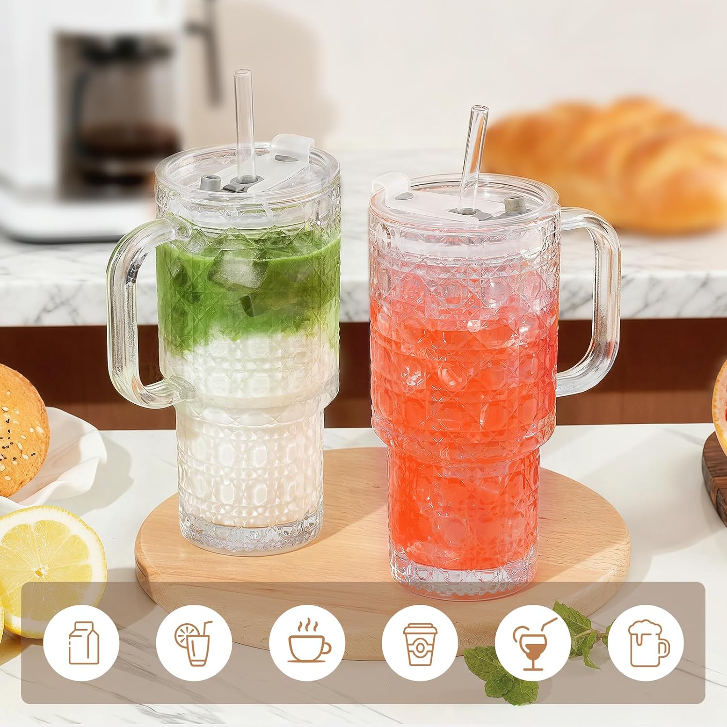 17oz Water Glass Tumbler with Handle & Lid Coasters, Reusable Iced Coffee Cups with Straws – Set of 2, Glass Cups for Smoothies, Juice, Coffee, Tea - Image 7
