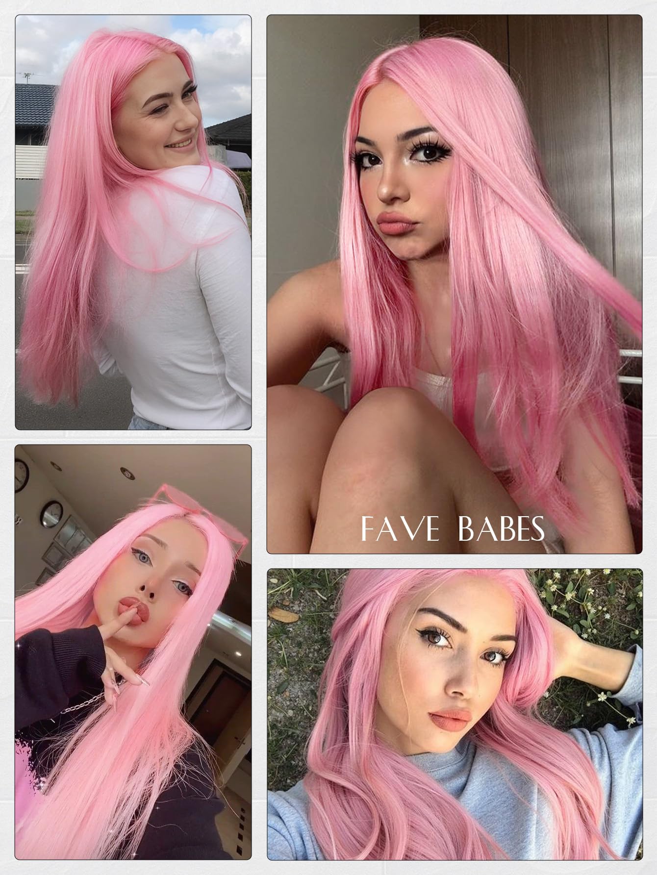 FAVE Perruque rose 65 cm synthétique pour femmes résistante à la chaleur, longue avec raie au milieu, aspect naturel rose clair, idéale pour quotidien/fête/cosplay