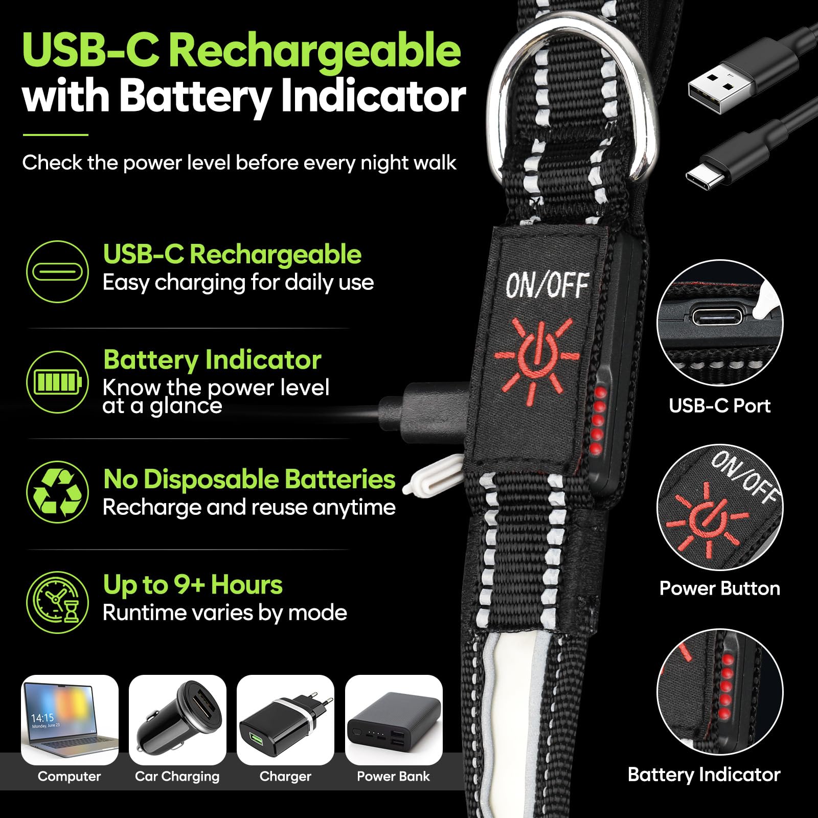 Laisse pour chien à DEL de 1,5 m, lumineuse et éclairée, 7 modes d'éclairage, phosphorescente, lumière double face, rechargeable avec poignée rembourrée pour la sécurité des promenades nocturnes