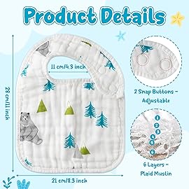 Zainpe 6Pcs Snap Muslin Cotton Baby Bibs Bear Fox Infants Drooling Bib Soft Absorbent Adjustable Burp Cloth Machine Washable Feeding Cloths for Newborn Girl Boy Toddler Teething Eating 0 to 36 Months