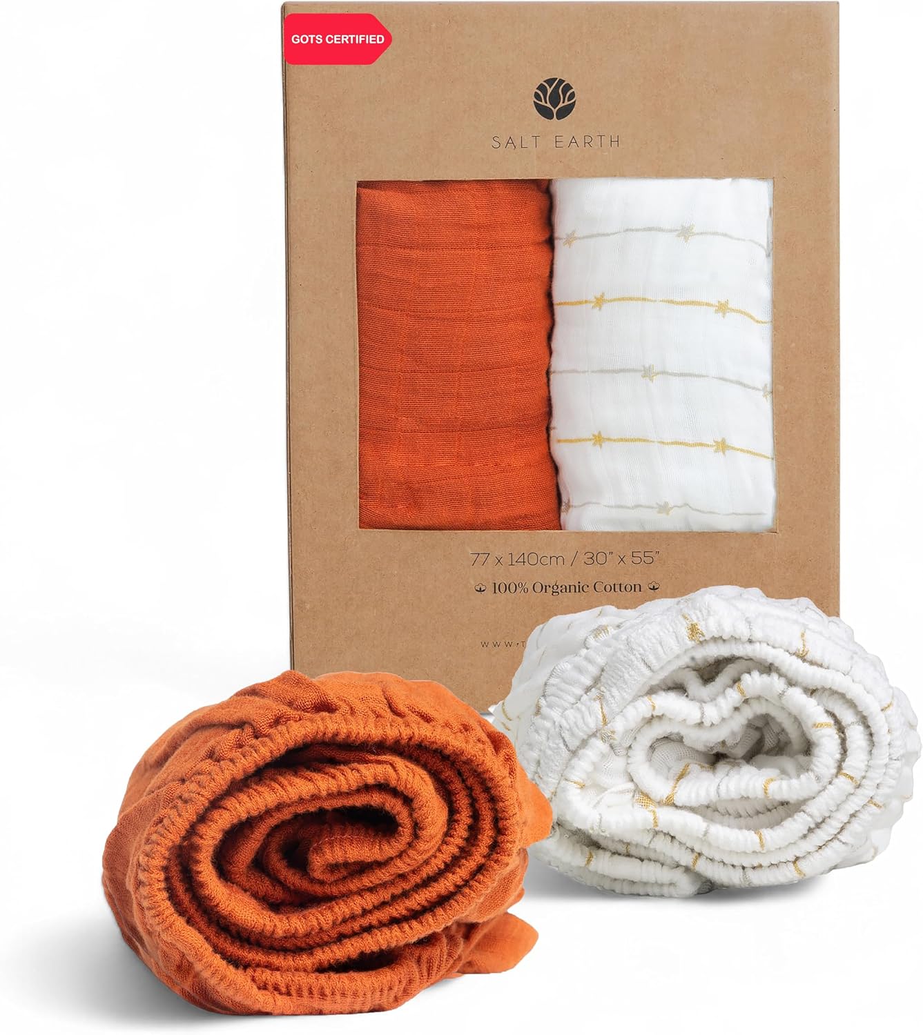 Salt Earth 100% Organic Cotton Muslin Standard Fitted Crib Sheet for Boys, Girls & Toddlers – 52″x28″, 2 Pack Soft Breathable Natural Cotton Mattress Bed Sheets, Neutral Crib Sheet (Rust & Gold Star)