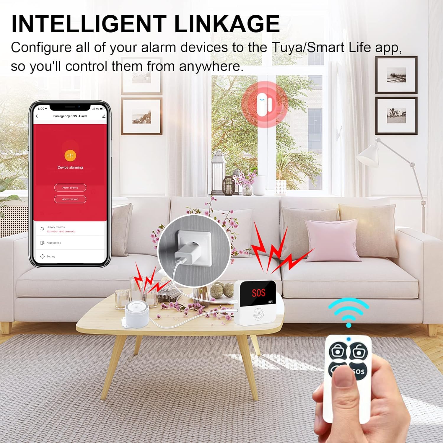 A living room scene with a smartphone displaying the Smart Life app, showing the alarm base station and a key fob. Text reads 'Intelligent Linkage: Configure all of your alarm devices to the Tuya/Smart Life app, so you'll control them from anywhere.'