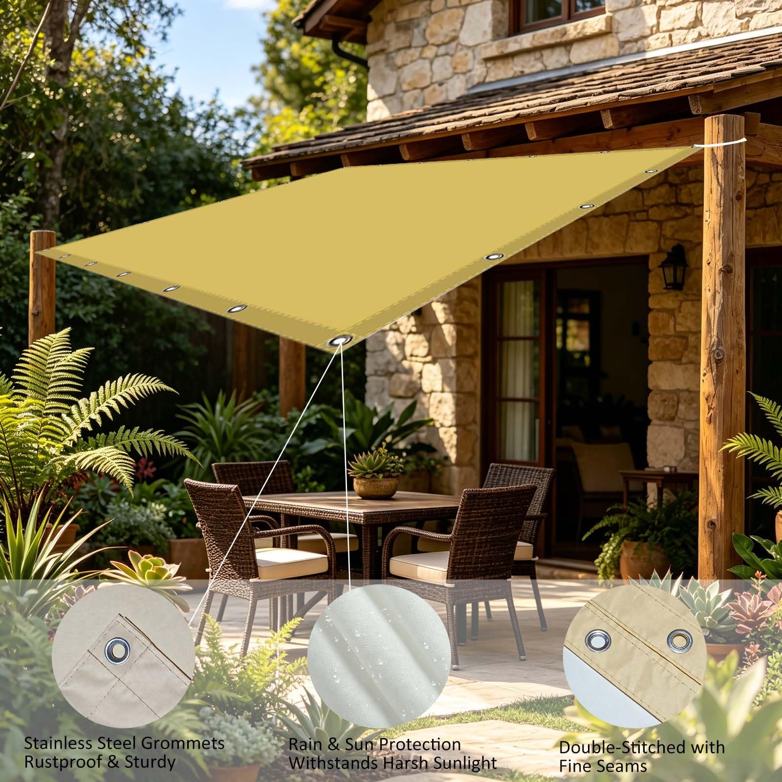 Vela Ombreggiante 210 x 550 cm Protezione UV con Fune e Occhiellato Vela Ombreggiante Impermeabile Tenda da Sole per Esterno per Giardino e Terrazza, Piscina, Giallo sabbia