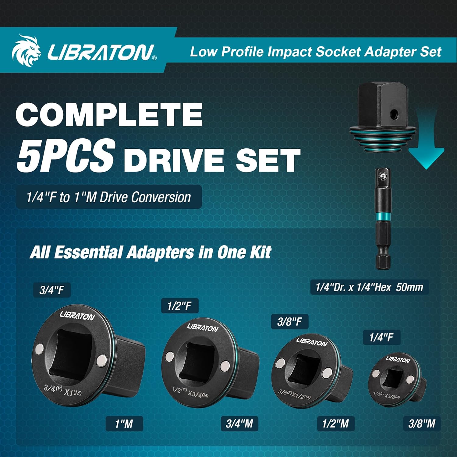LIBRATON Low Profile Impact Socket Adapter Set, 5pc Magnetic Drive Converter Kit for Tight Space (1/4" to 3/8", 3/8" to 1/2", 1/2" to 3/4", 3/4" to 1", & 1/4" Hex Adapter) for Impact Wrench and Drill