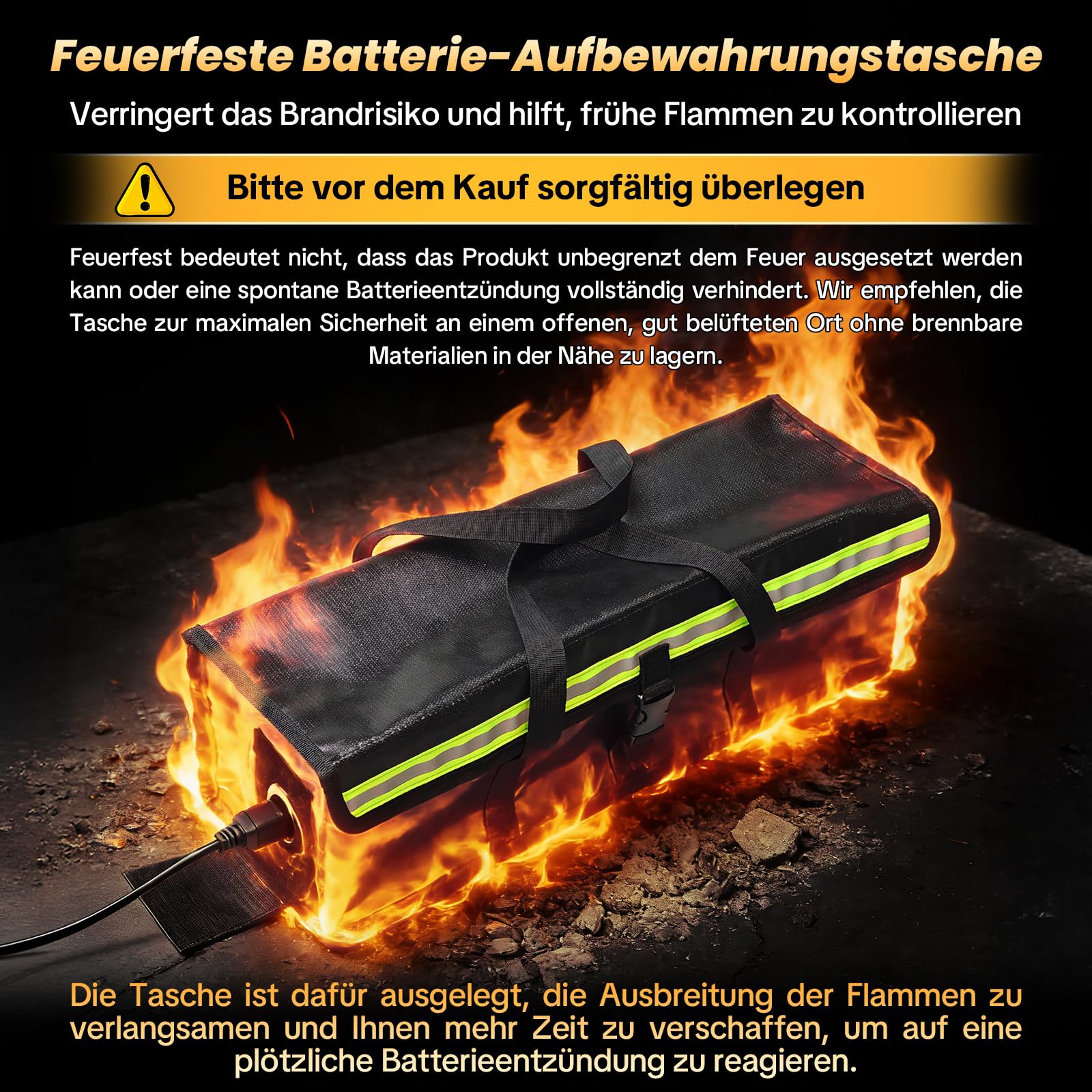 Ebike Akkutasche 2 Stück Feuerfeste Akkutasche bis 2300 °C, für Lagerung Transport Laden, wasserdicht, Reißverschluss Klett, für E-Bike Akku