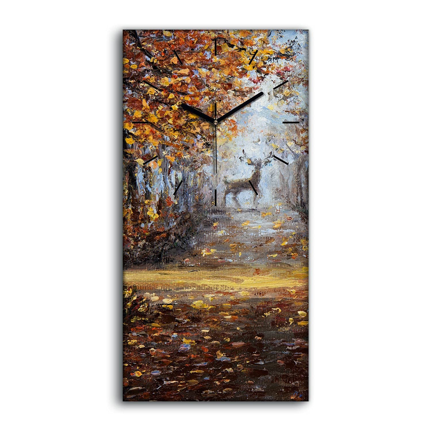 Horloge sur toile moderne 30x60cm art mural nature forêt automne et cerf