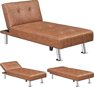 Yaheetech Sofa Bed, Convertible Faux Leather Chaise Lounge Sofa with Recliner, Single Sofa Bed Day Bed Futon Click Clack Sofa for Living Room, Bedroom, Lounge, Brown