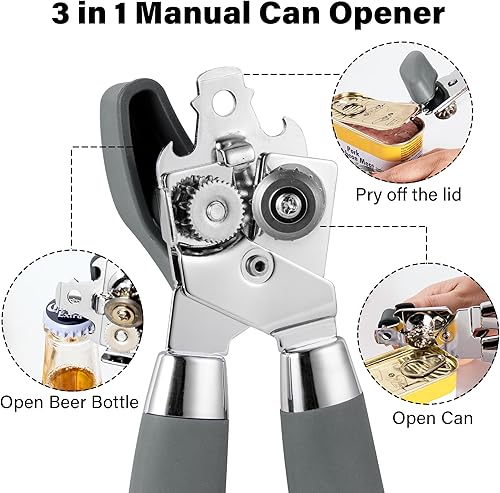 Miniatura 4 de TJ POP - Abrelatas manual, abrelatas de mano resistente, borde liso, perilla de fácil giro, con abrebotellas, utensilios de cocina, color gris