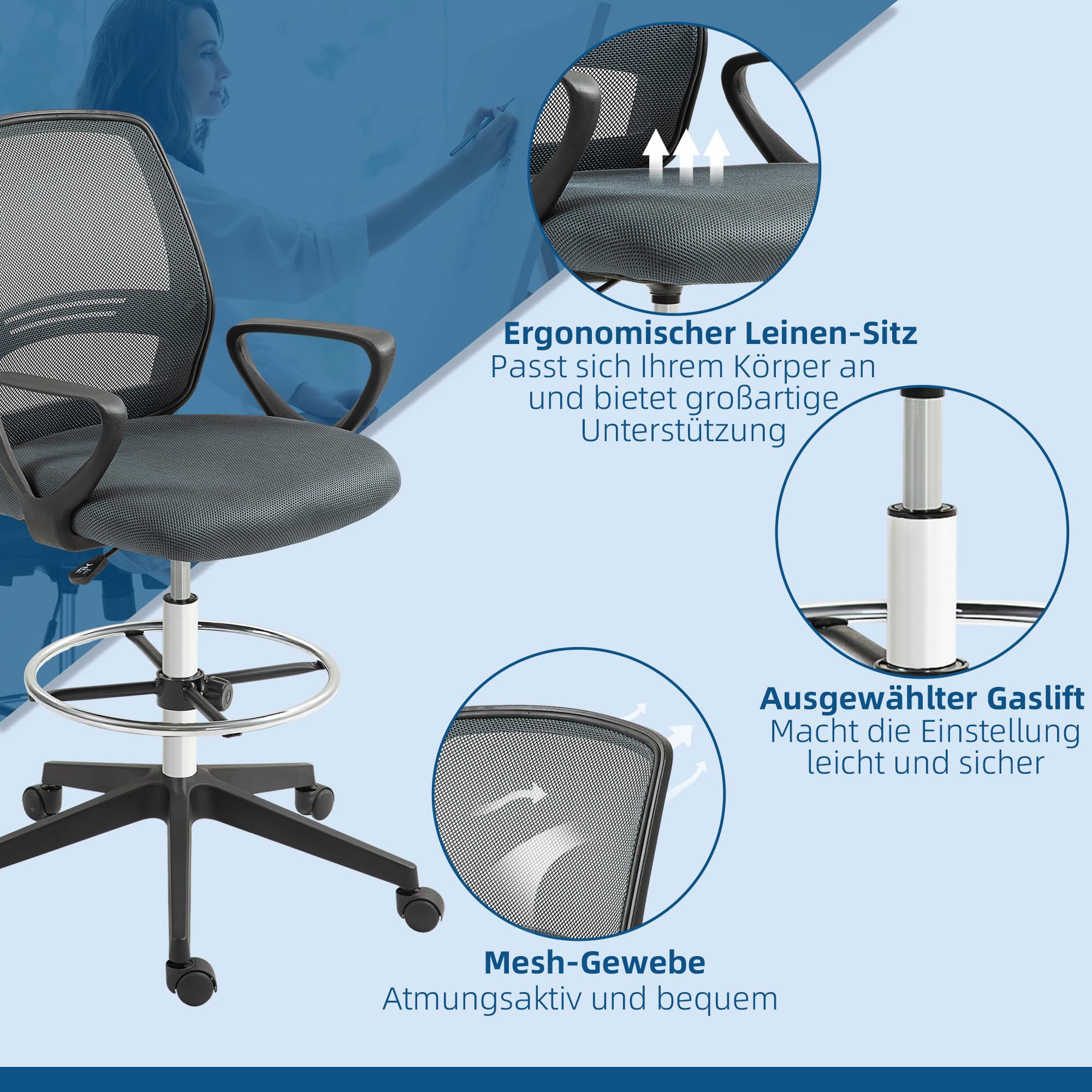 Vinsetto Bürostuhl Ergonomischer Schreibtischstuhl mit Armlehnen Grau | Verstellbarer Fußring, Höhenverstellbarer Drehstuhl, Netzbespannung