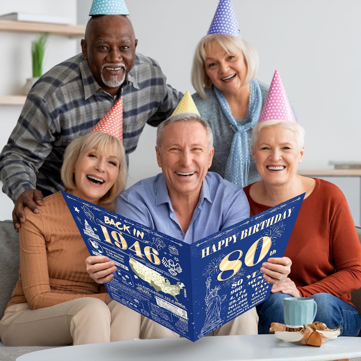 Large 80th Birthday Card for Men Women, Happy 80th Birthday Decorations Blue Gold, Giant Guest Signature Book, Back in 1946 Big Oversized Bdy Greeting Card Ideas Gift for Party Favors - Image 3