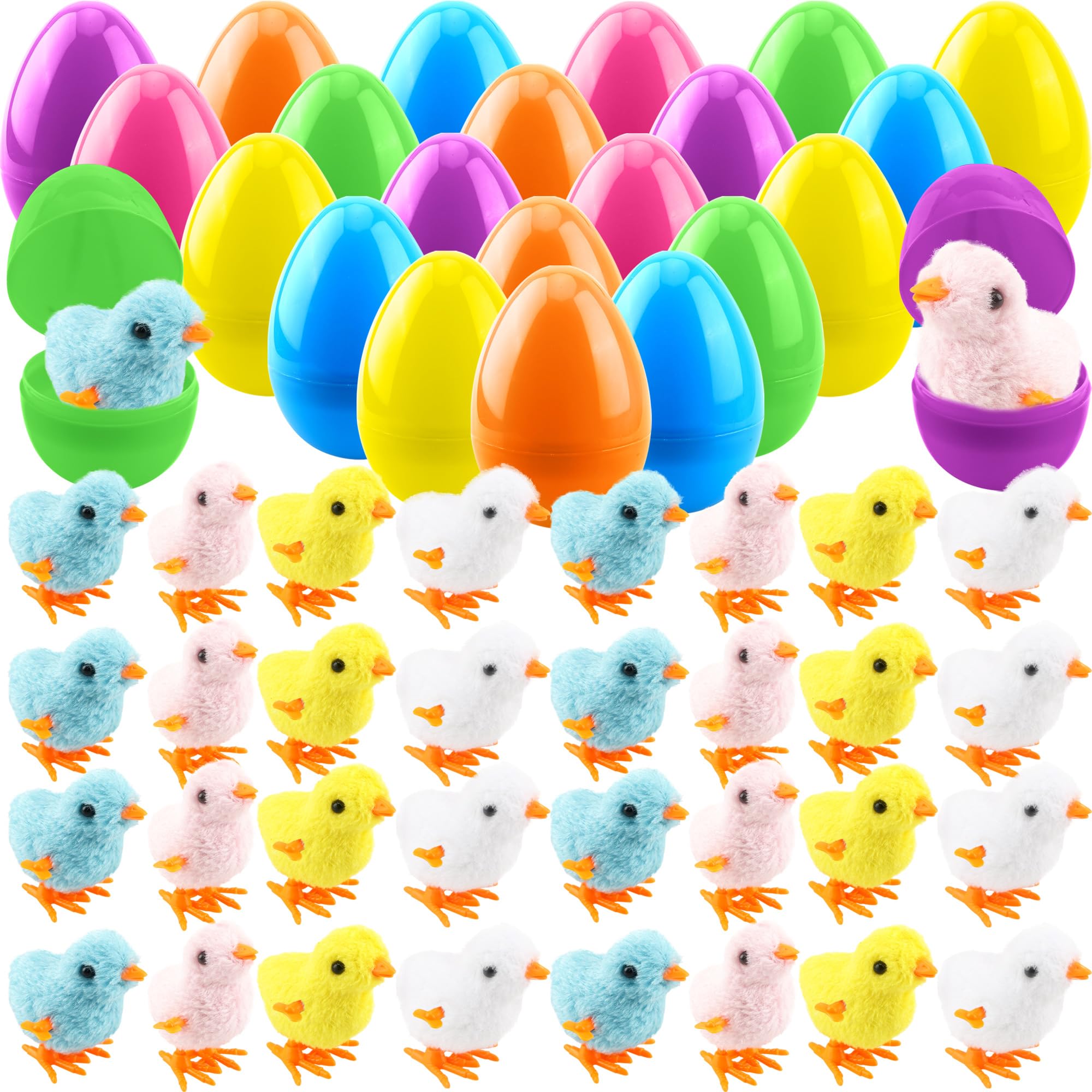 48 Pack Large Easter Egg with Easter Wind Up Chicken Toy Jumping Chicks Hopping Chicken for Easter Egg Hunt Basket Party Favors Goody Bag Fillers