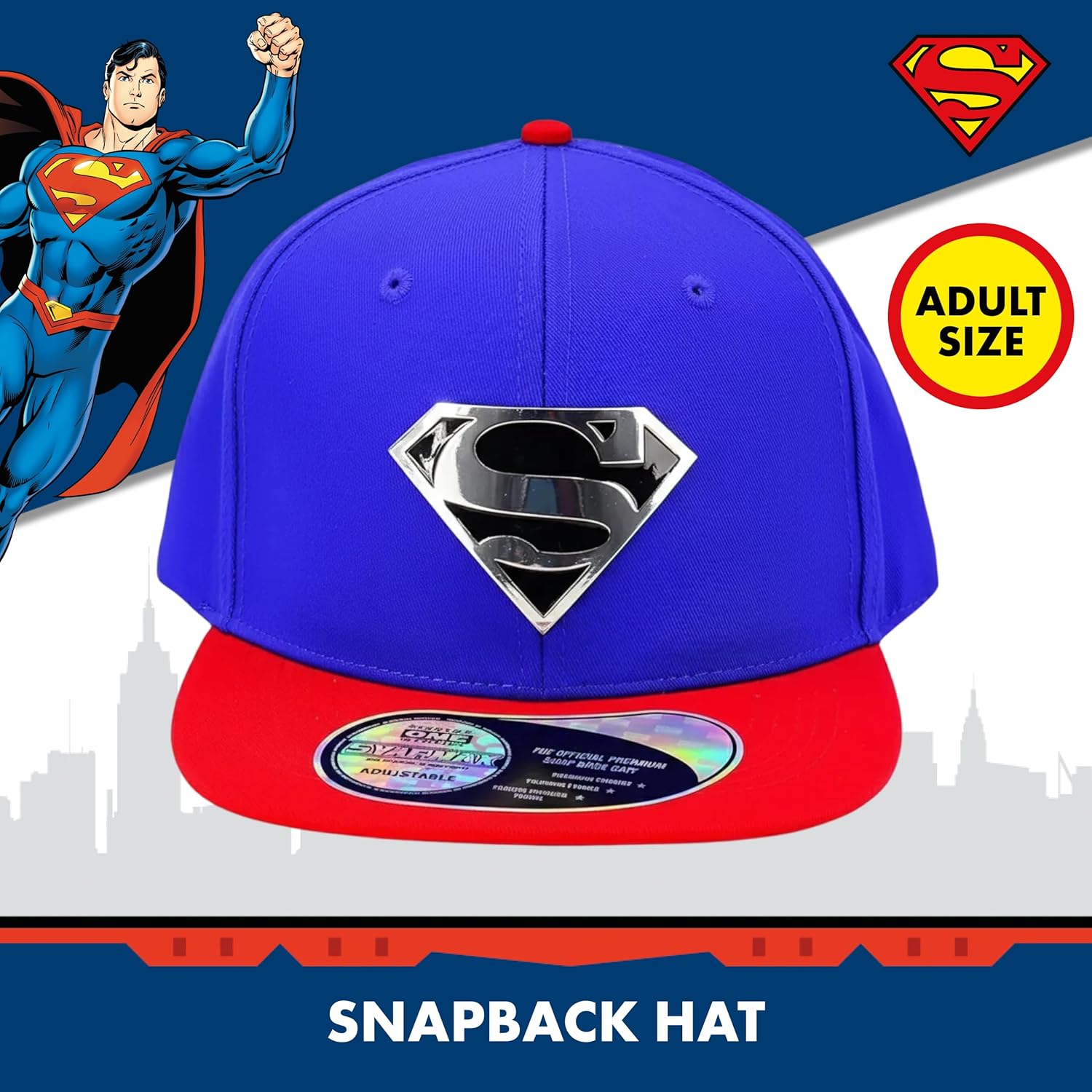 DC Comics Superman Baseball Cap, Adult Adjustable Snapback Hat with Flat Brim for Men and Women, Embroidered Shiny Logo, Navy, One Size - Image 2