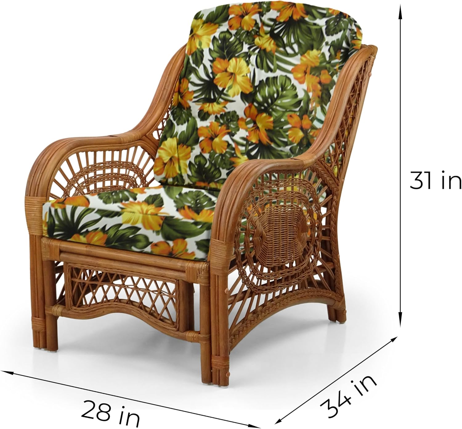 Malibu Lounge Living Accent Armchair Natural Rattan Wicker Handmade Design, Colonial Color with Floral Cushion