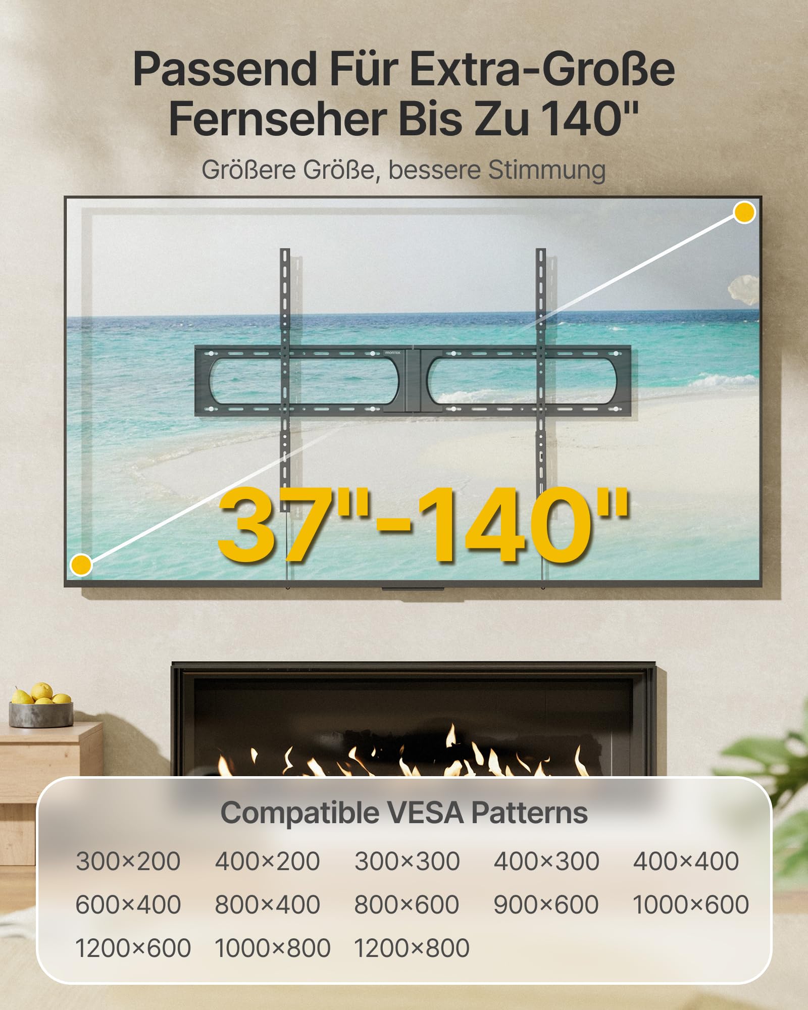 monTEK Heavy Duty Feste TV Wandhalterung 37-140 Zoll | Bis 136 kg Tragkraft, 32 mm ultraschlankes Profil, Passend für 406/450/600 mm Holzständer, Max. VESA 1200×800 mm