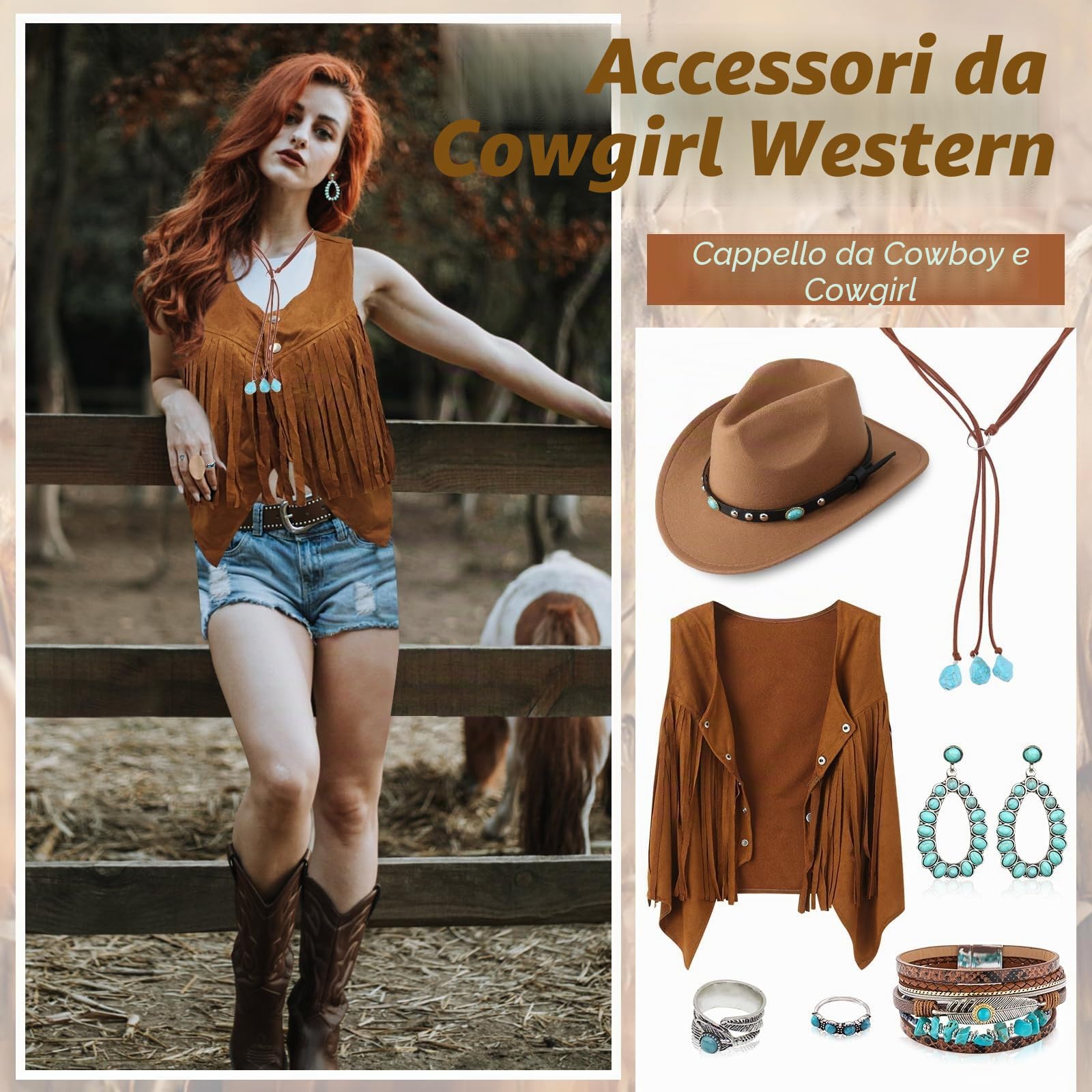 Set di 7 accessori per costume da cowgirl occidentale da donna, con gilet in nappa, cappello da cowgirl, orecchini, anelli, bracciali per carnevale, Halloween, cosplay