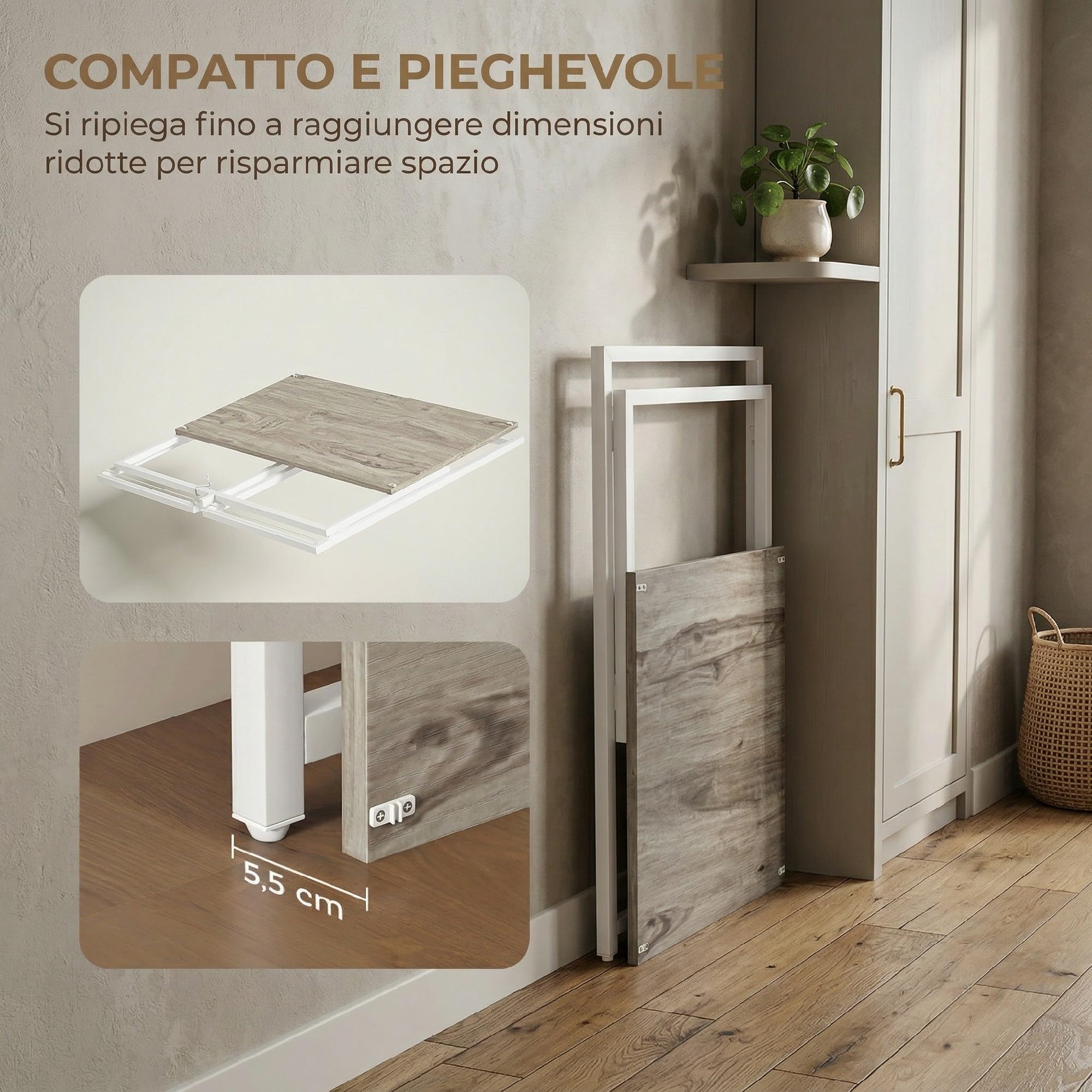HOMCOM Scrivania Salvaspazio Pieghevole con Stand Monitor Rimovibile, Scrivania Piccola Portatile 100x48x87.5 cm Tavolo Computer Richiudibile per Casa Studio Ufficio, Color Legno