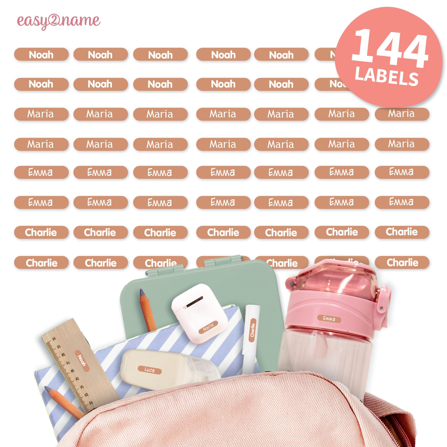 Easy2Name - Personalised mini XS Name Labels - Waterproof Name Stickers for Children and Adults - Ideal as Name Stickers in The Office, Workshop or School - 20x4mm - Coloured (Peach, 144)