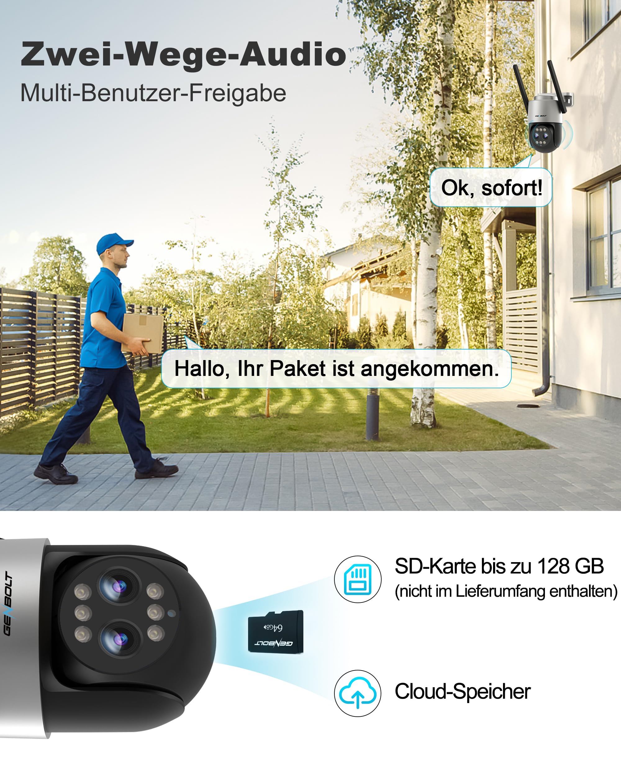 GENBOLT 2,5K PTZ WiFi Überwachungskamera für den Außenbereich mit PoE,Dual-Linsen CCTV Heim-Überwachungskamera mit 10X Hybrid Zoom,IP-Kamera mit Farbnacht 4MP,automatische Verfolgung(2,4&5GHz)