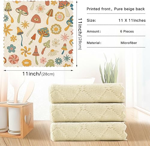 Miniatura 3 de Juego de 6 toallas de microfibra decorativas de calidad con diseño de hongos del bosque, retro, de secado rápido, para mesa de baño