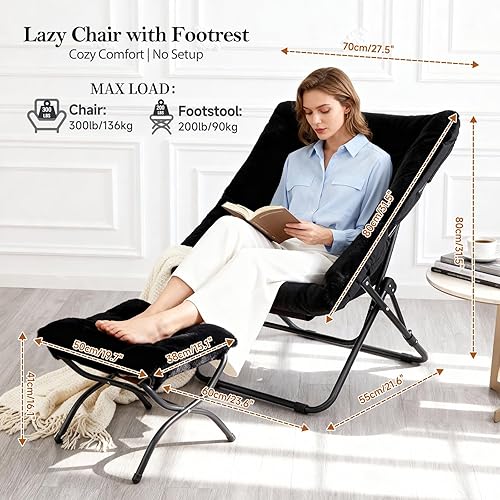 Miniatura 2 de Silla plegable de piel sintética de gran tamaño con otomana, silla de platillo suave XL, marco de metal plegable para dormitorio, sala de estar,
