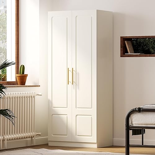 Modern Wardrobe, Bedroom Armoires Closet with White 2 Doors,Hanging Rod and Storage Cabinet,19" D x 31" W x 71" H