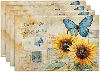 Vintage Butterfly Sunflower Placemats Set of 4 Bless Home and All Who Enter Table Mats Place Mats Decor Imitation Linen Heat Resistant Tablecloth for Dining Kitchen Party Restaurants 12''x18''