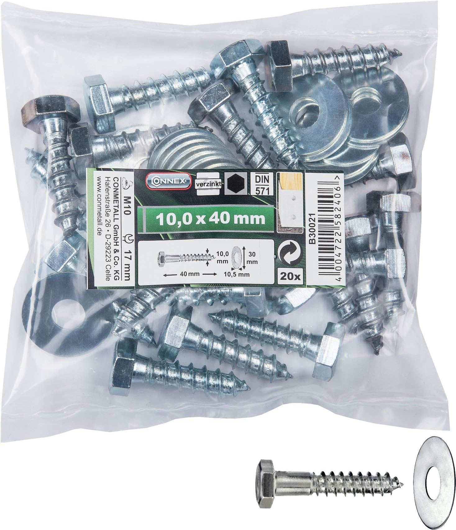 ConnexB30021 Hex Headed Screws-Set DIN571 10x40