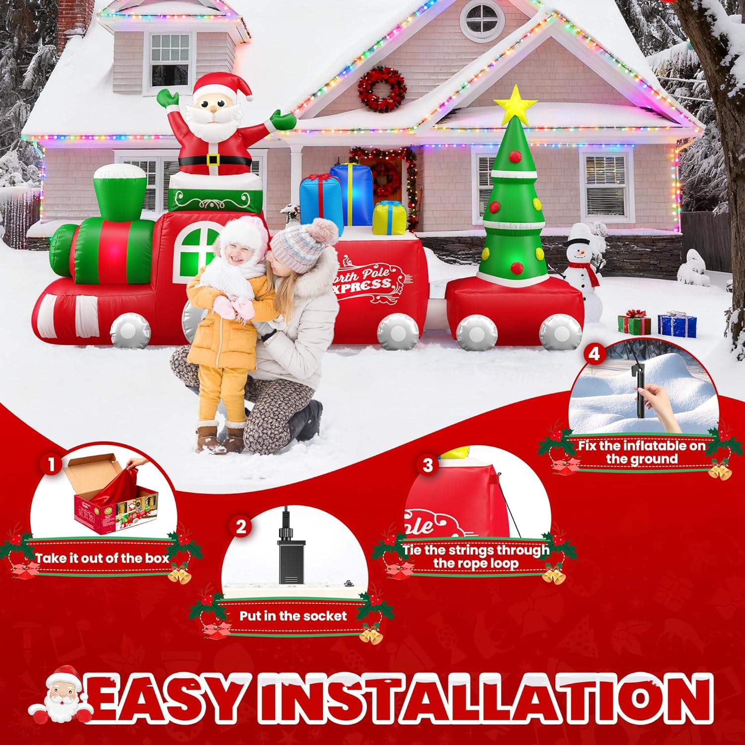 10FT Christmas Inflatable Train with Santa Claus, Gift Boxes, Christmas Trees, Built-in Lights, 2026 Yard Decor Giant Blow Up Santa Train, Lovely Holiday Winter Decor for Party Garden Lawn - Image 8