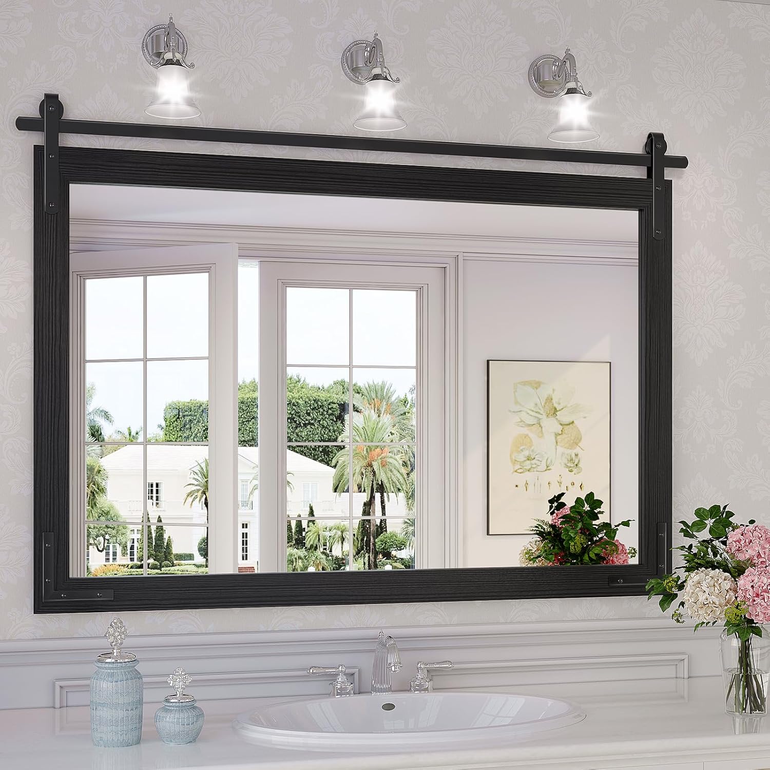 JIINGYO Farmhouse Mirror for Bathroom, 40x30 Inch Black