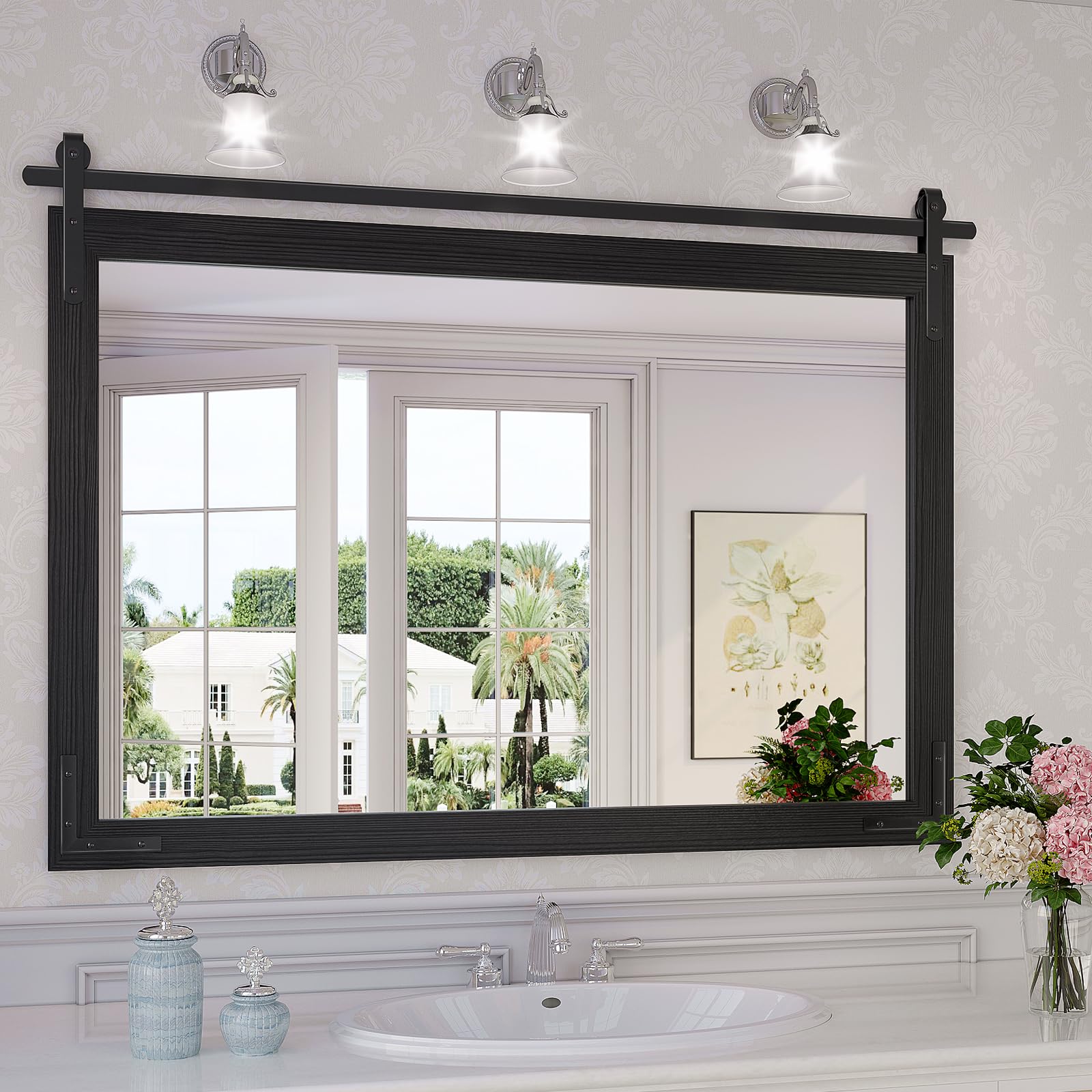 Farmhouse Mirror for Bathroom 40x30 Inch Black Vanity Mirror for Wall Wood Framed Rustic Mirror Rectangular Wall Decor