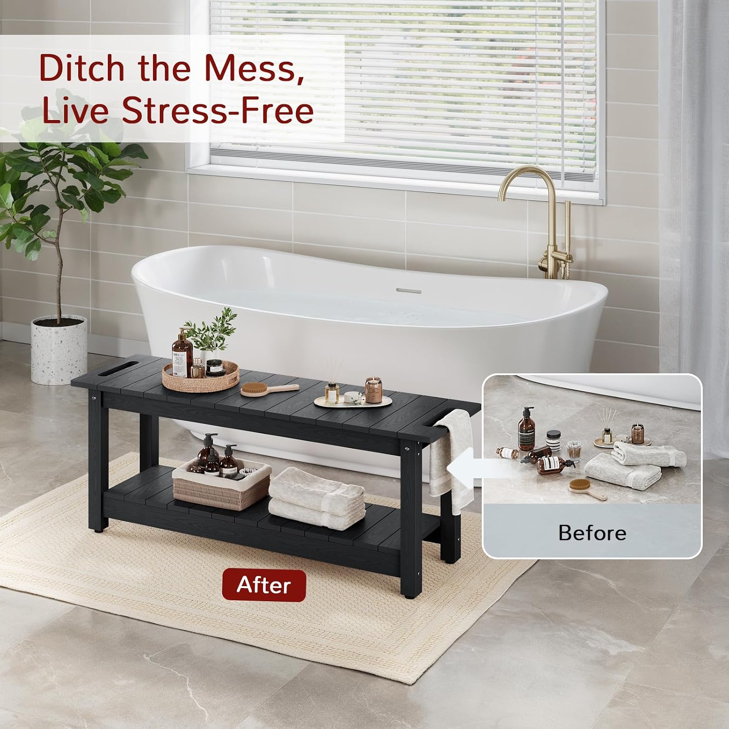 Stoog 41" Large Shower Bench, Waterproof Shower Stools with 400 lbs Weight Capacity, Shower Chair Seat for Bathroom, Non-Slip, Black