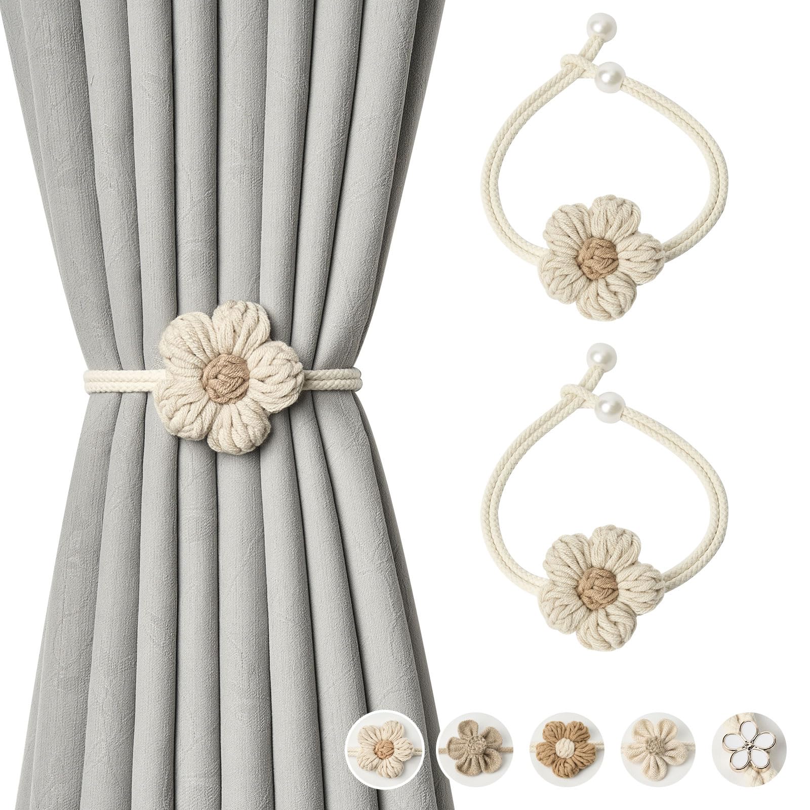 NICEEC 2 Pack Cute Hand-Woven Flower Curtain Tiebacks Boho Farmhouse Style Home Decor Drape Tie Backs Adjustable Natural Cotton Rope Curtain Holdbacks for Home Office Window Draperies (C-Beige)