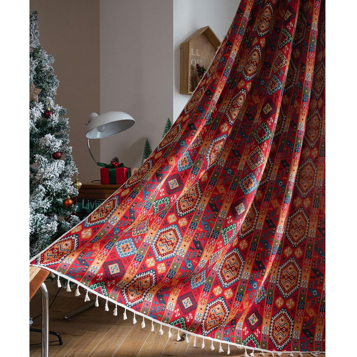 Bohemian Gardinen Vintage Boho Vorhang Blickdicht Leinenoptik Baumwolle Ethno Rot Geometrisch Vorhänge mit Quaste Rod Pocket für Wohnzimmer Schlafzimmer 1 Stück B150×H240cm