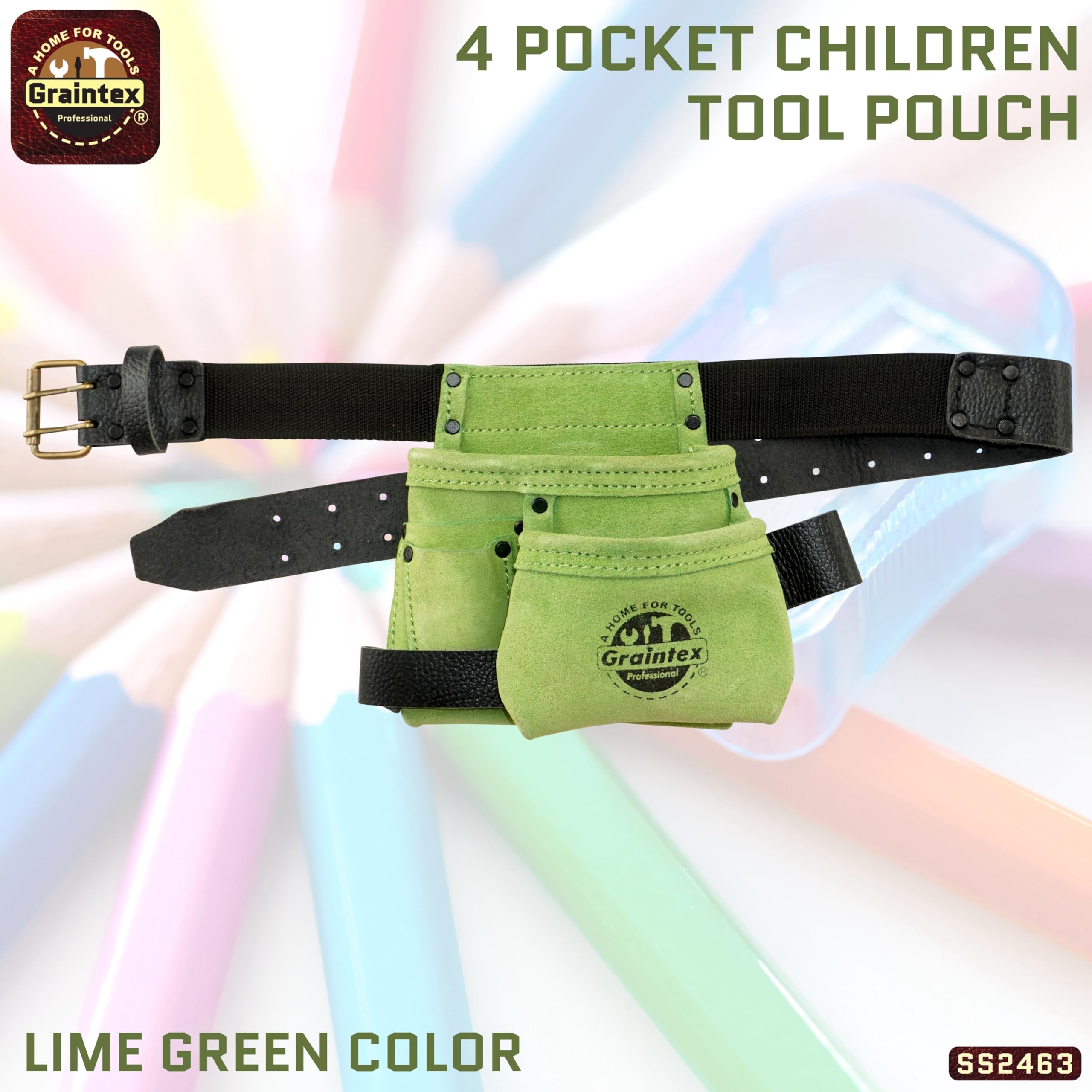 Graintex SS2463 - Bolsa de Herramientas para niños, 4 Bolsillos, Color Verde Lima, Piel de Ante con cinturón de Cuero y Lazo para Martillo