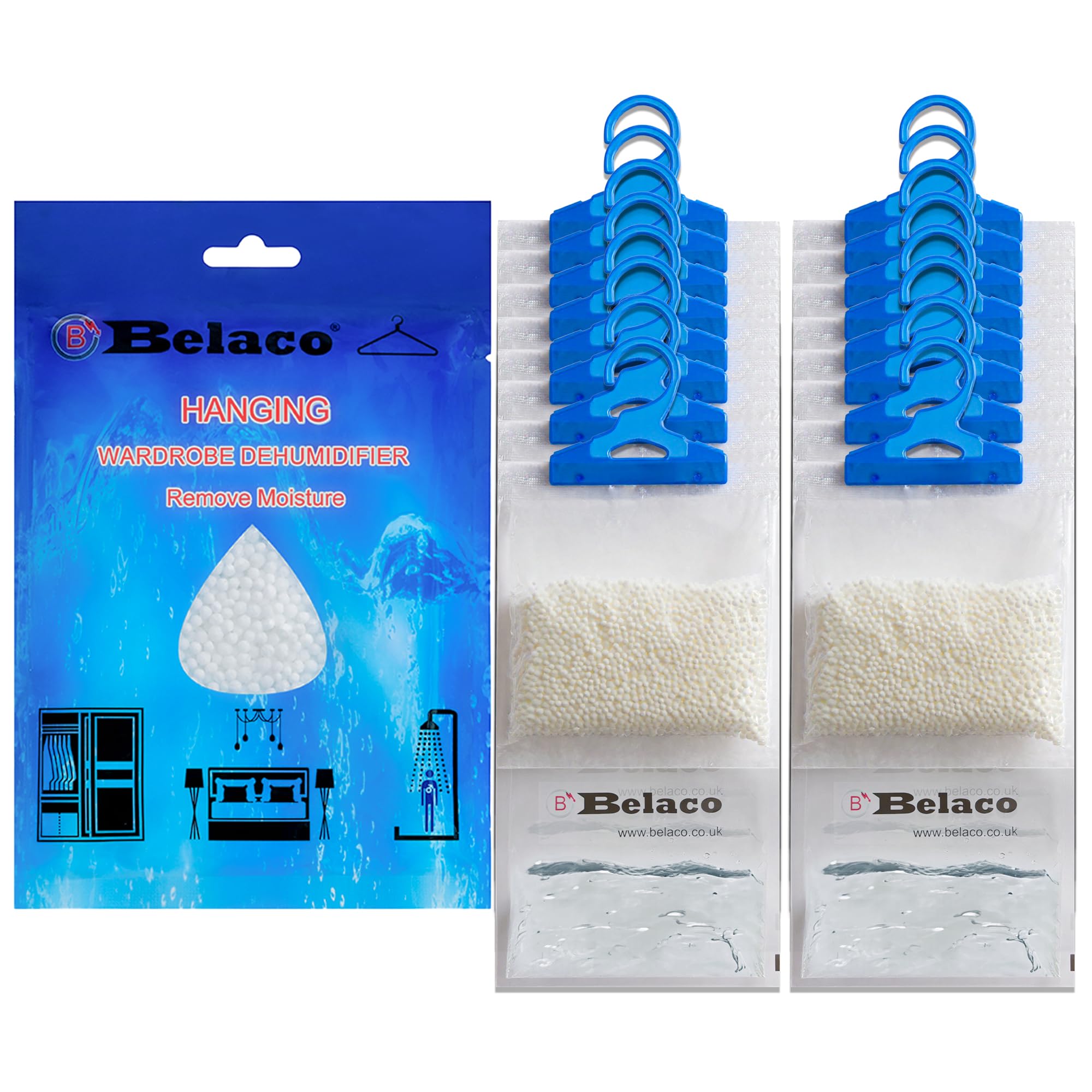 Belaco Set of 18 Hanging Dehumidifier, 230g Moisture Absorber, Dehumidifier for home, Ideal to eliminate damp & Condensation Bedroom, Wardrobe, Kitchen, Basement, Office etc (18)