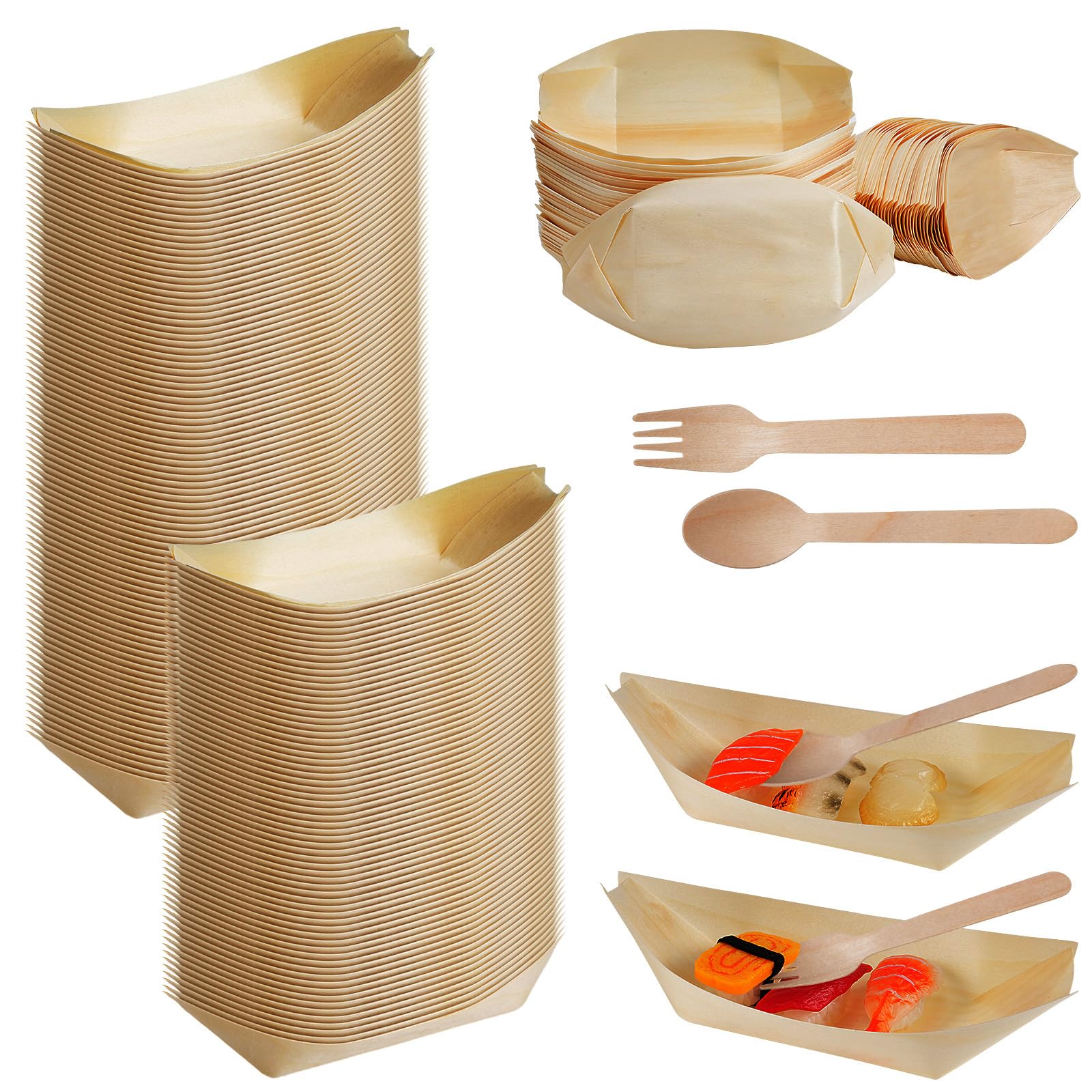 Bokon Set di 600 posate usa e getta in legno, tra cui 200 pezzi, 16,7 x 8,4 cm, in legno, per catering, barche, piatti, vassoi, 200 forchette e 200 cucchiai, per casa, feste, campeggio, catering