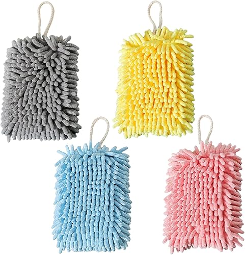 Paquete de 4 toallas de mano de chenilla, suaves y absorbentes, de microfibra, para colgar, de felpa de secado rápido, con bucles para colgar, para
