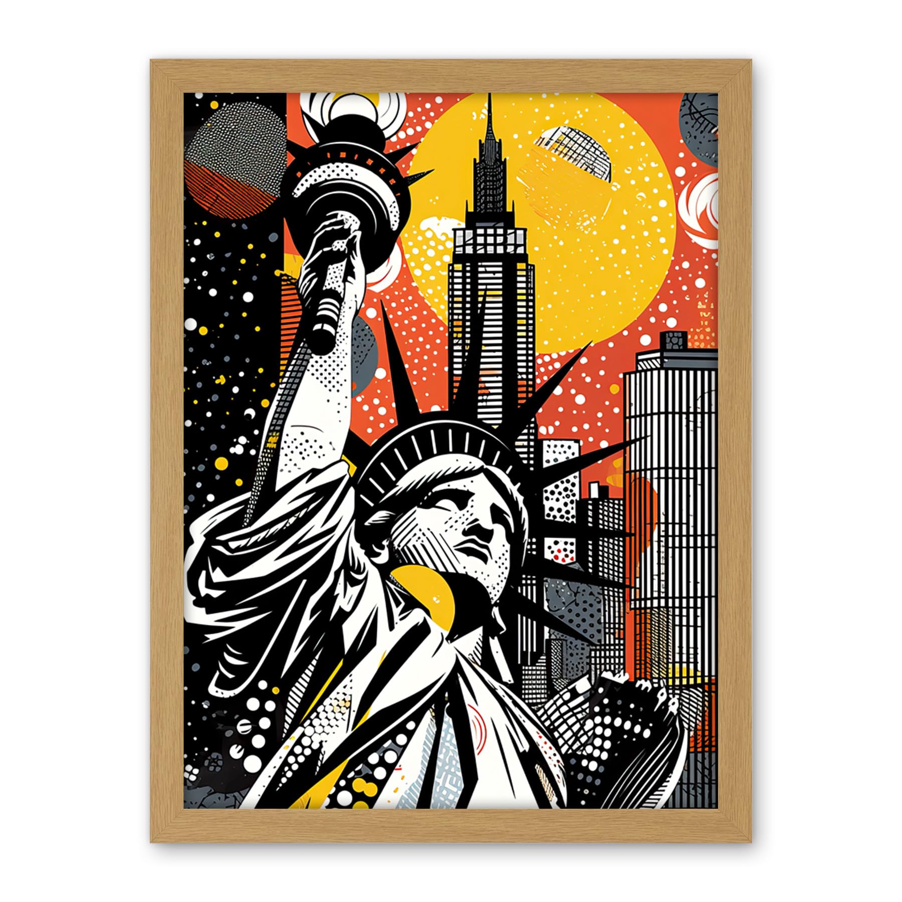 Artery8 New York Collage Halftone Pop Art Comic Book Statue of Liberty Skyscraper Abstract Artwork Framed Wall Art Print 18X24 Inch