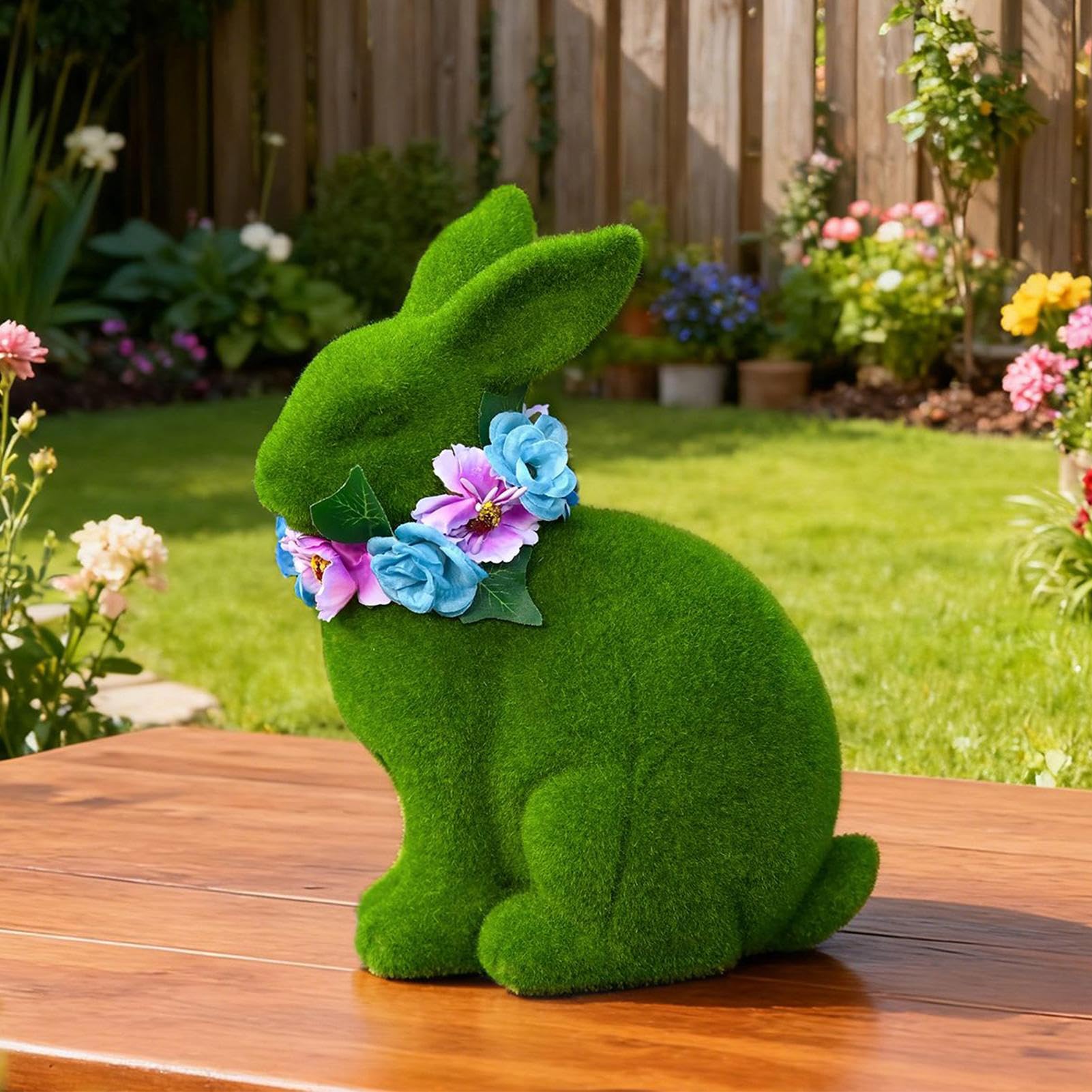 Statua da Giardino a Forma di Coniglio con Ghirlanda di Fiori in Resina | Posavasos para Hacer Cócteles Portátil per Prato Ingresso Tavolo Angolo Interno Ufficio Scrivania