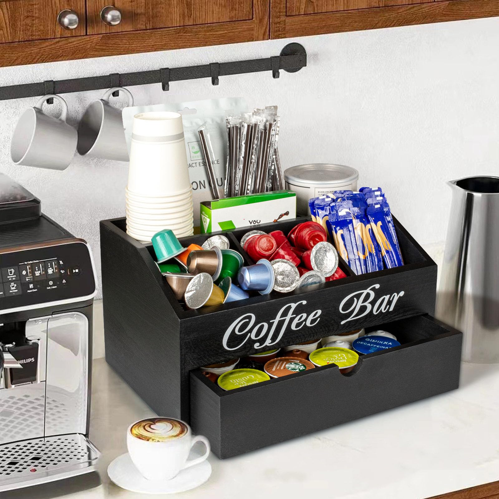 Porta Cialde Caffe Porta Capsule Caffe,Portacialde da Caffè | Porta Tisane in Pineta con 1 Cassetto per Organizzare Capsule, Cialde,Tisane,Zucchero,Cannucce,Bicchierini da Caffè (Nero)