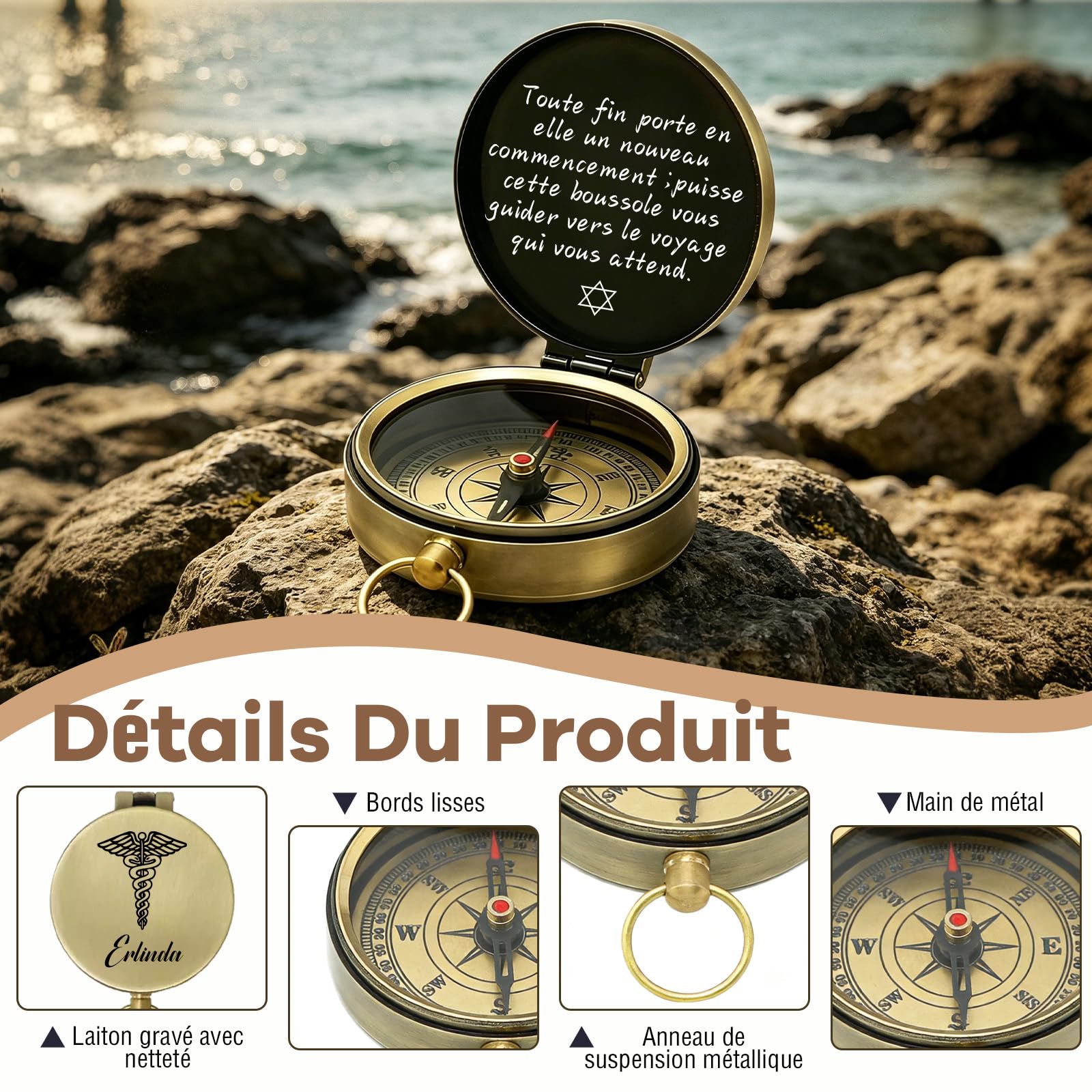 Boussole Personnalisée avec Nom Boussole de Poche Gravure Personnalisable avec Texte et Icône Cadeau Homme Femme Aventurier Ami Randonnée Mariage