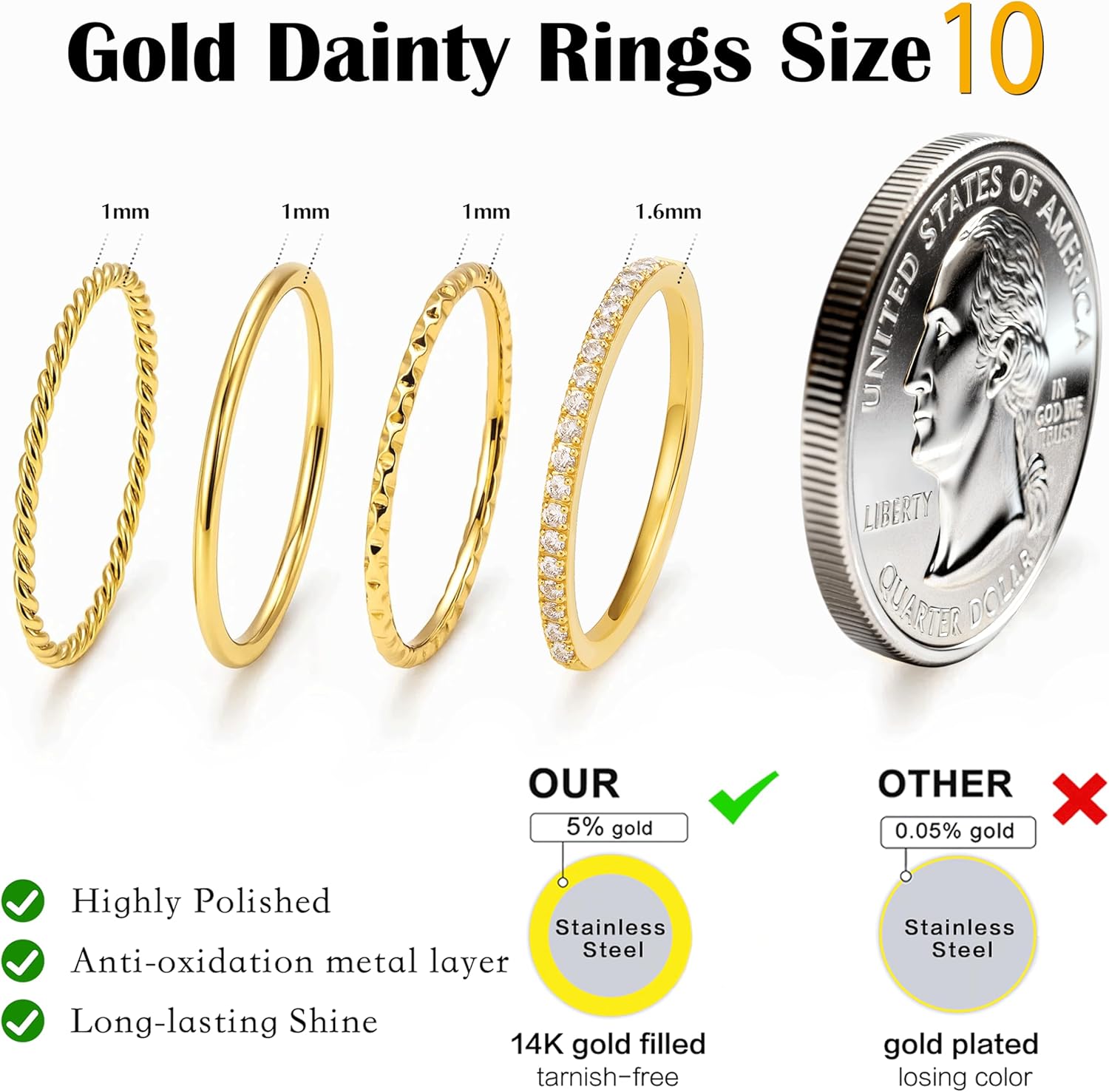 Dainty Thin Gold Rings for Women Non Tarnish, Stackable 14K Gold Plated Cubic Zirconia Wedding Bands Ring Set, Waterproof Simple Trendy Minimalist Statement Engagement Promise Thumb Pinky Stacking Rings for Women Size 5 6 7 8 9 10 11 - Image 4