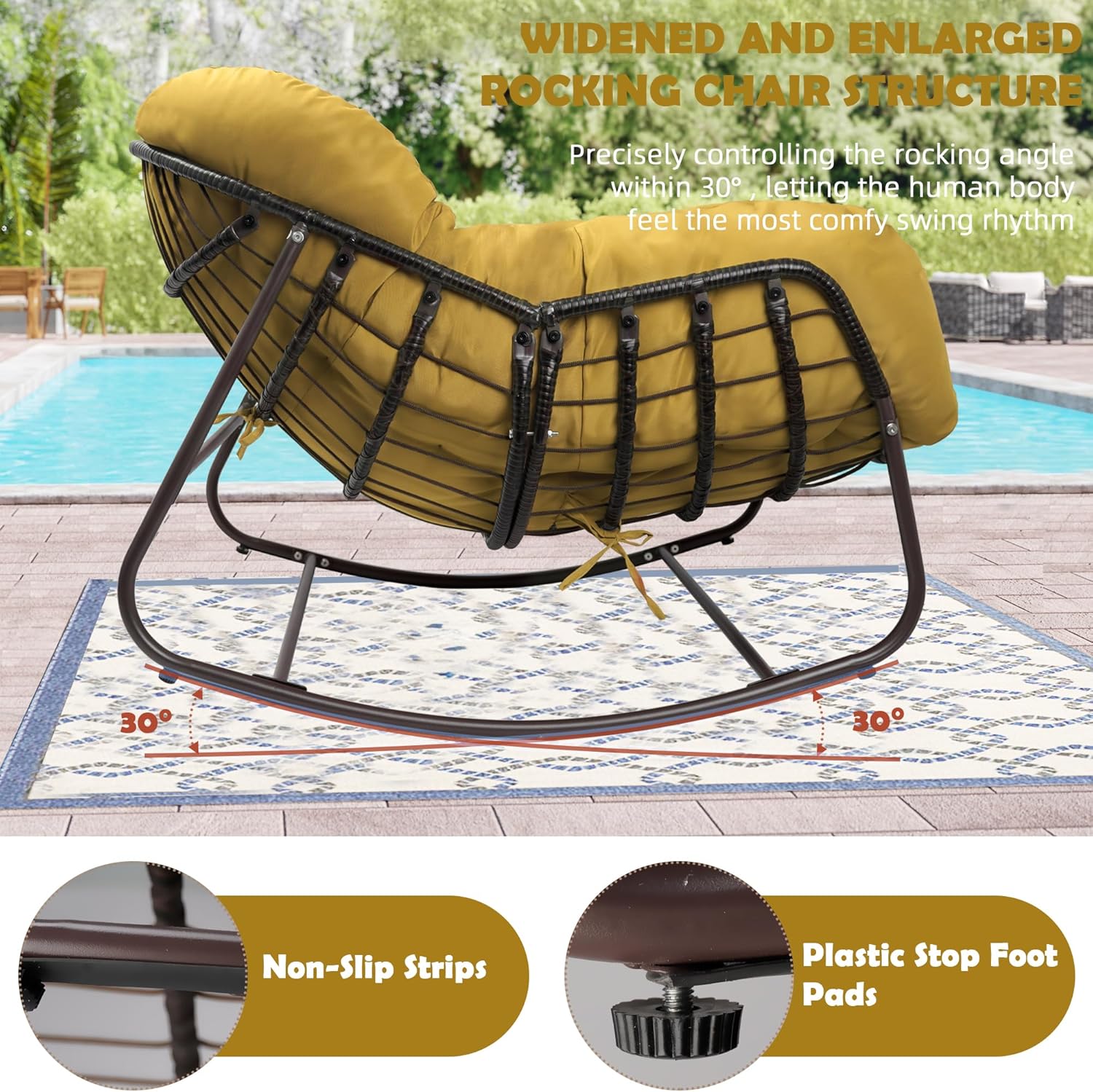 Papasan Rocking Chair Indoor & Outdoor, All Weather Wicker Papasan Patio Chair with Cushion & Pillow, Oversized Papasan Rocker Egg Chair for Bedroom, Garden, Patio - Yellow.