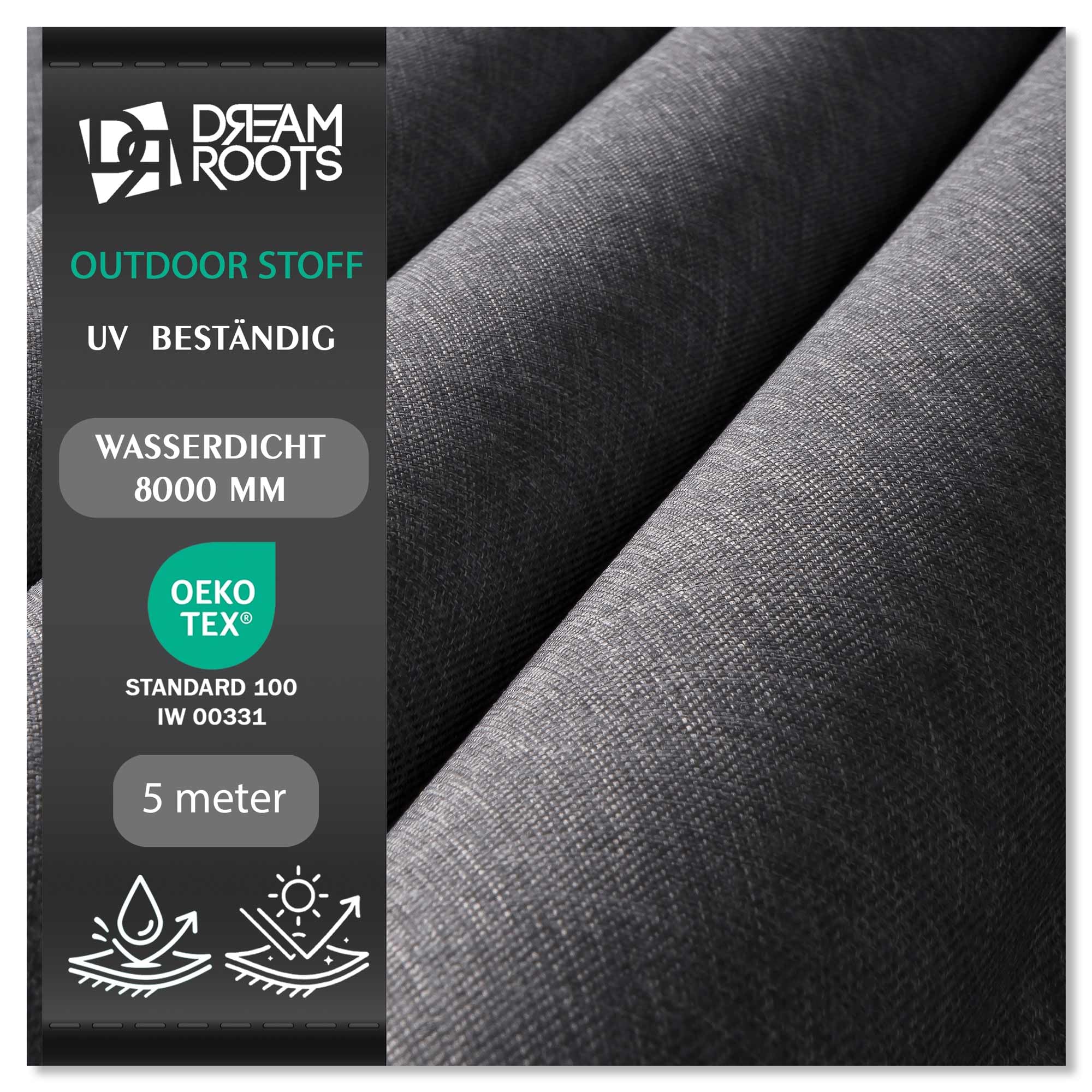 DreamRoots Markisenstoff Meterware Leinenoptik, Hellgrau, 5 m | wasserdicht, UV-beständig, PU-Beschichtung, 240 g/m², 8000 mm Wassersäule, 60.000 Martindale, reißfest, OEKO-TEX